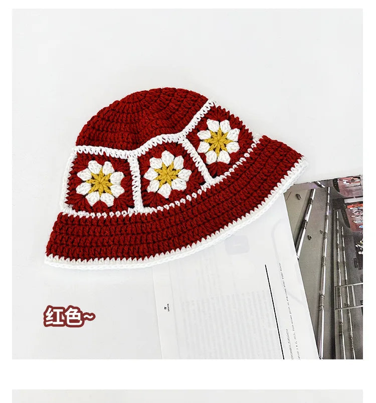 2024 Spring New Crochet Hat Korean Handmade Bucket Hat Women's Weaving Knitted Hat Y2k Fashion Flowers Autumn Winter Ins Beanies Good Vibrations