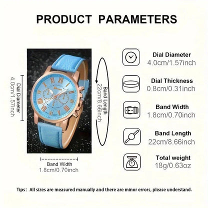 Fashion quartz watch and jewelry set, shock resistant circular analog digital display, PU leather strap, zinc alloy case Good Vibrations