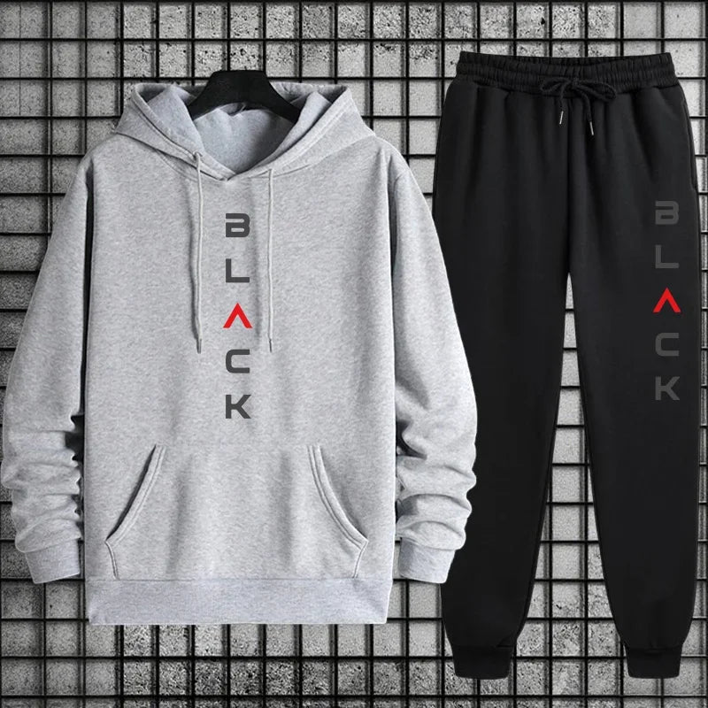 2026 New Arrival Men's Tracksuit Black Letter Print Sweatshirt + Pants Urban Causal Fashion Sportswear Fall/winter Sports Suit Good Vibrations
