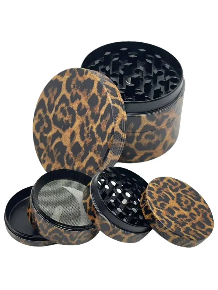 40/50mm Leopard Print Herb Grinder with 4-layer metal construction for spices, salt, and tobacco.