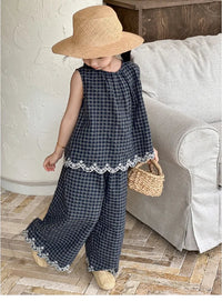 Girls' Summer Outfit New Kids Temperament Plaid Lace Vest+Wide Leg Pants Two-piece Set Trendy Children's Clothing Sets Good Vibrations