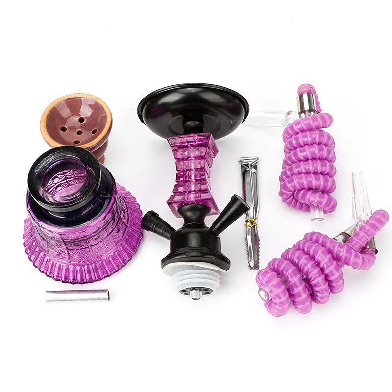 Ceramic hookah set with purple components, including two tubes, a glass bottle, and a shisha ceramic bowl, ideal for travel and home decoration.