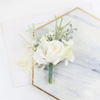 Boutonnieres Flowers Artificial White Roses Silk Ivory Corsage Buttonhole Groomsmen Boutonniere for Men Wedding Accessories Good Vibrations