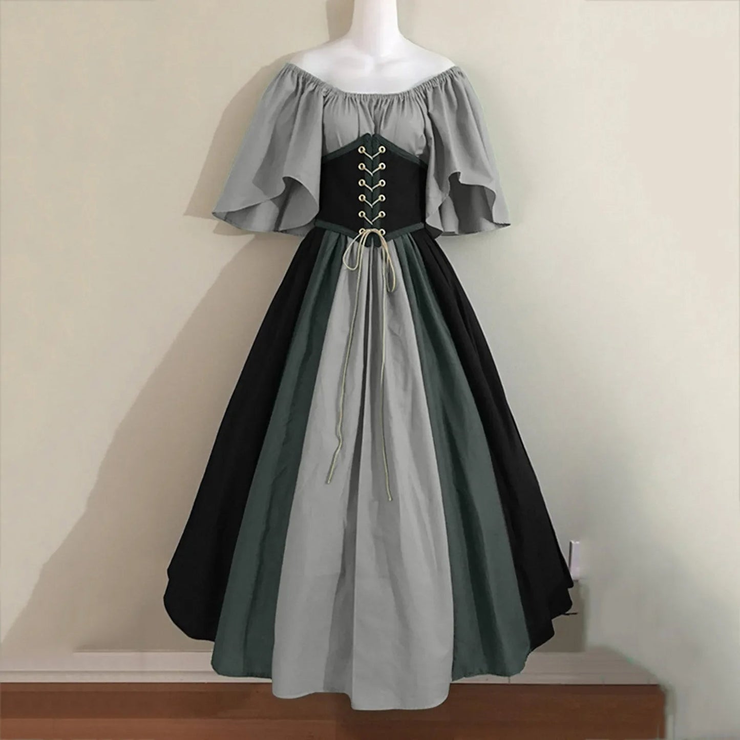 Halloween Costumes for Women Medieval Retro Contrasting Color Slim Swing Dress One-word Shoulder Dress Love Live Cosplay Good Vibrations
