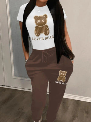 Autumn and winter women's loose and fashionable plus size cartoon bear print hooded sweater+woolen pants set Good Vibrations