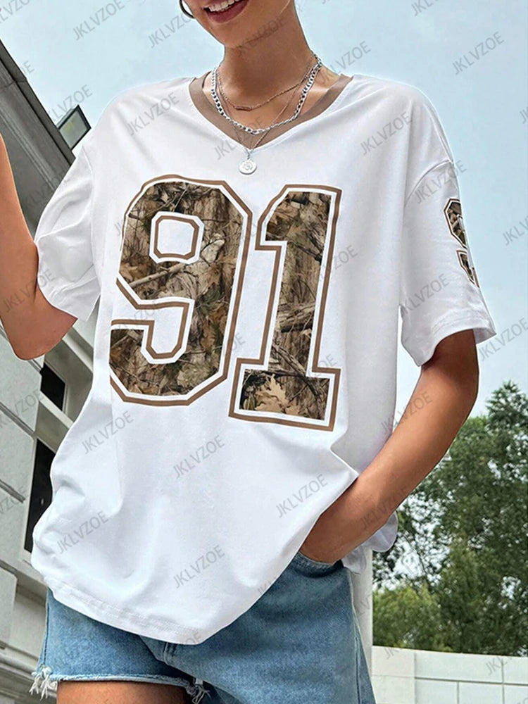 2025 Summer New Retro No.91 Printed T-Shirt For Women V-Neck Short Sleeve Sports Football Jersey Y2K Loose Oversized Tops Good Vibrations