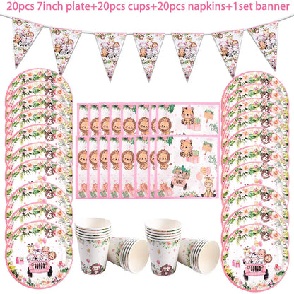 Pink Jungle Safari Birthday Decorations Animal Disposable Tableware Forest Woodland Baby Shower for Girl Birthday Party Supplies Good Vibrations