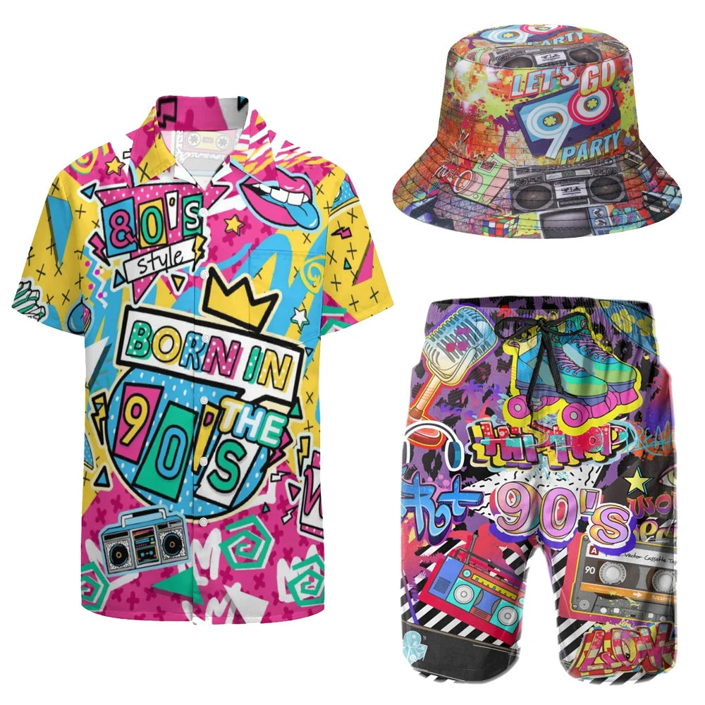 Men's 2 Pieces 80S 90S Outfit Retro 90S Shirts and Shorts Set Vintage Active Tracksuits Outfits with Hat Halloween Carnival Suit Good Vibrations