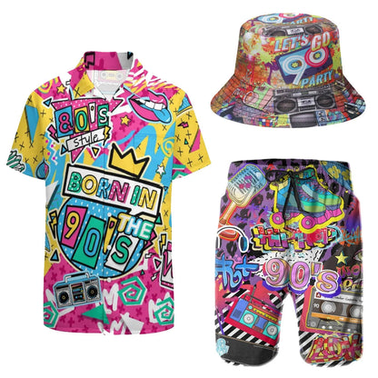 Men's 2 Pieces 80S 90S Outfit Retro 90S Shirts and Shorts Set Vintage Active Tracksuits Outfits with Hat Halloween Carnival Suit Good Vibrations