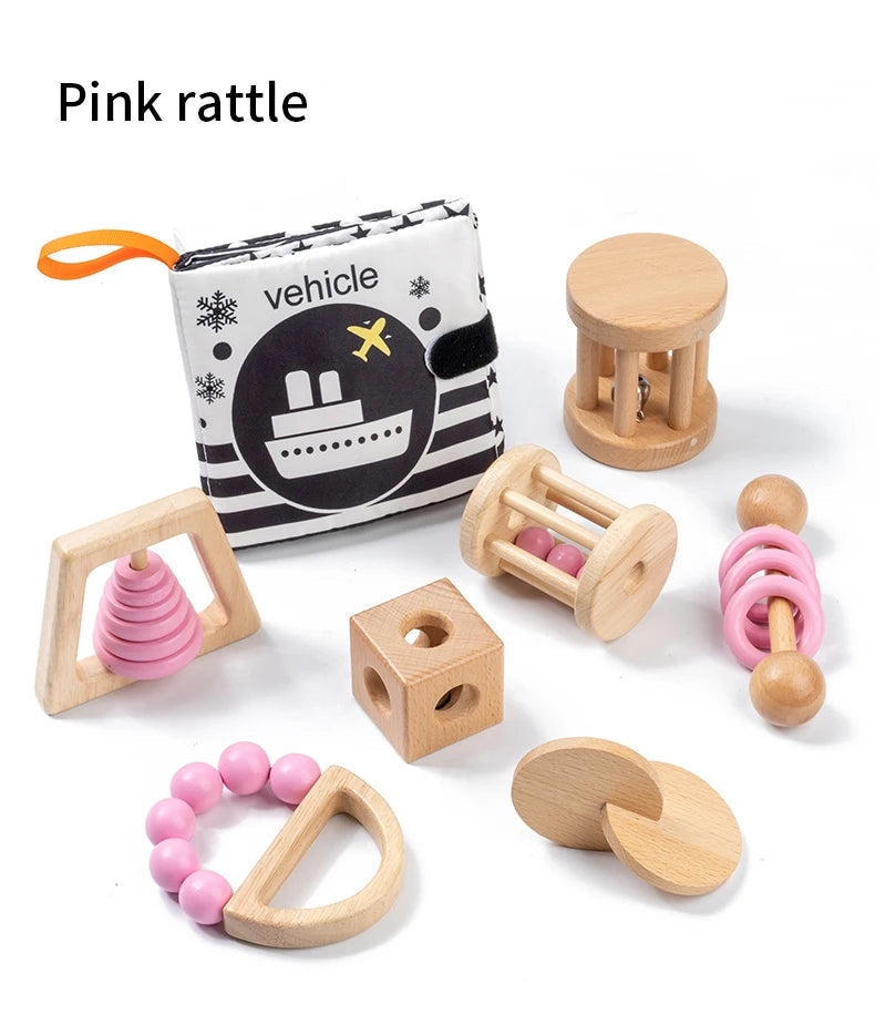 Montessori Wooden Toys Colorful Baby Rattle Set Safe Food Grade Wood Rattle Soother Bracelet Set Toddler Toy Bell Gift Good Vibrations