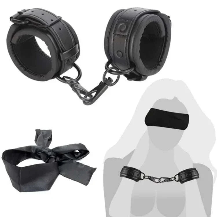 SM erotic leather handcuffs and footcuffs set for BDSM bondage.
