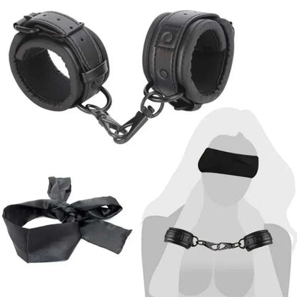 SM erotic leather handcuffs and footcuffs set for BDSM bondage.