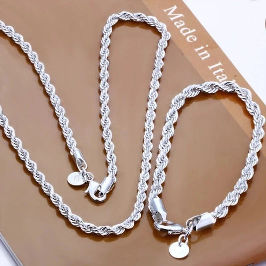 high quality silver color 4MM women men chain male twisted rope necklace bracelets fashion Silver jewelry Set Good Vibrations