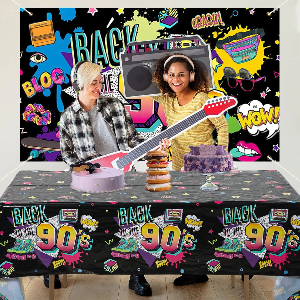 80s 90s Party Table Covers Disposable Plastic Tablecloth Back to The 80s 90s Party Supplies Decoration 80s 90s Theme Table Decor Good Vibrations