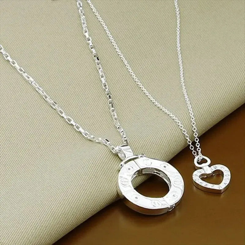 Couple Necklace 925 Silver Heart Circle Men & Women Love Gift Set Chain Good Vibrations