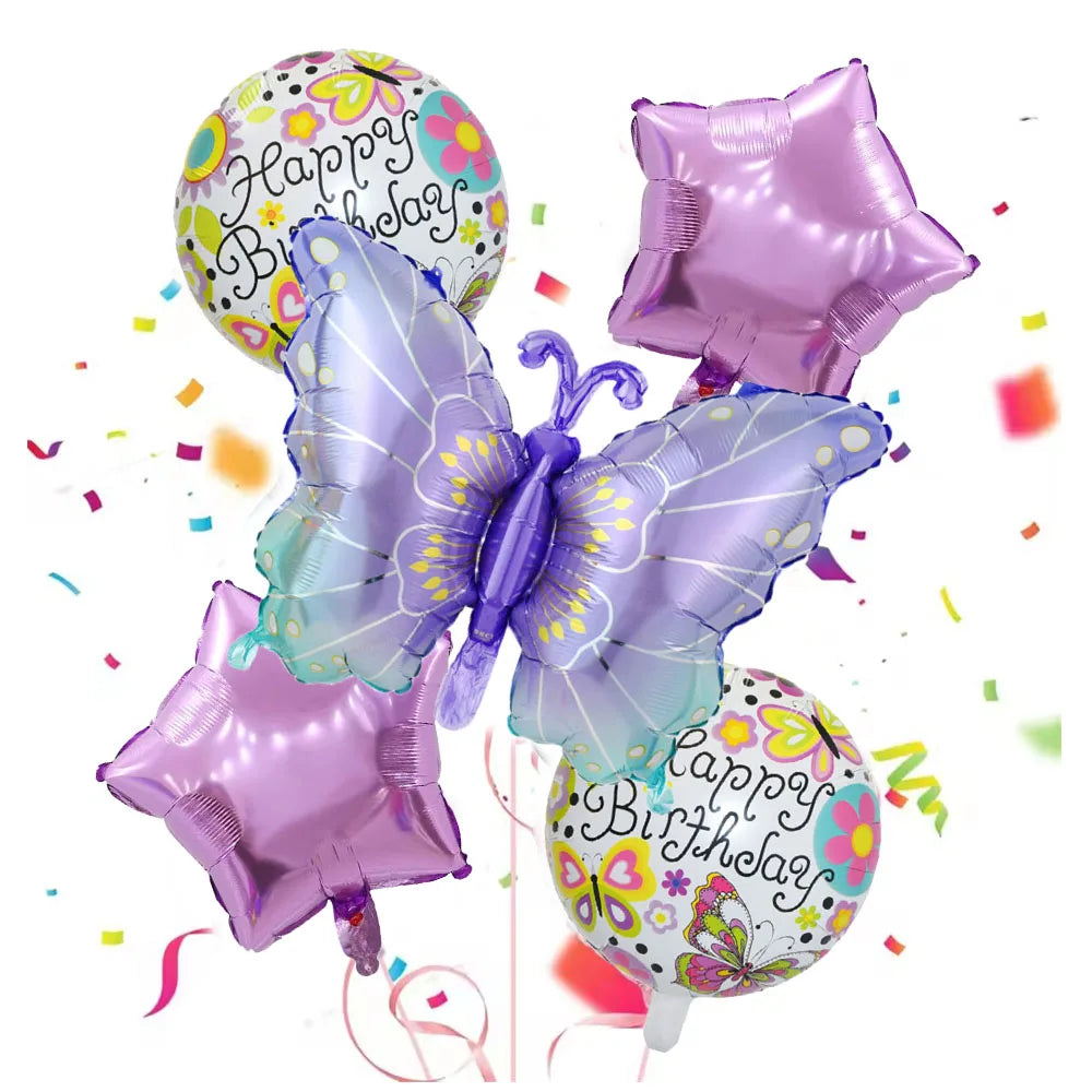 5pcs Colorful Butterfly Happy Birthday Ball Balloon Set Butterfly Theme Birthday Party Wedding Decoration Good Vibrations