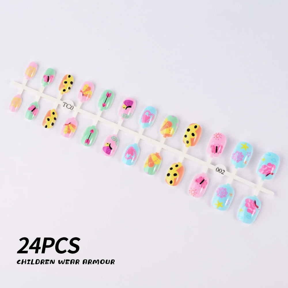 24Pcs/Strip Pink Detachable Child False Nails Tip Kawaii Cartoon Strawberry Acrylic Artificial Full Cover Press On Nail for Girl Good Vibrations