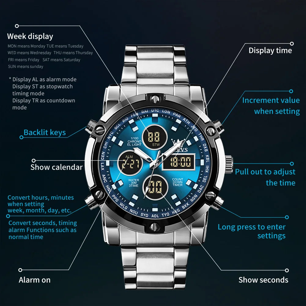OLEVS Men's Watches Original Multifunctional Wlectronic Watch for Man Waterproof Luminous Alarm Clock Fashion Dress Good Vibrations