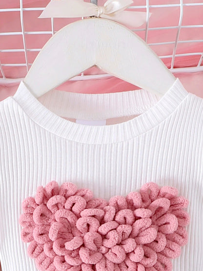 2PCS Winter New Style For 0-3 Year Old Girls, Comfortable Sweet And Cute Bubble Sleeves, Love Chapter Top + Pink Short Skirt Set Good Vibrations