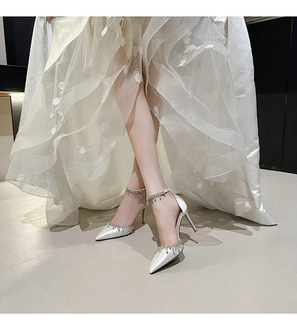 Comemore 2025 White Wedding Bridesmaid Shoes Satin Fashion Rhinestone Fringe Chain High Heels Black Temperament Elegance Pumps Good Vibrations