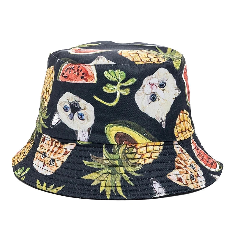 Hot Sale Unisex Bucket Hats Summer Double-sided Wear Fruit Printing Women Cap Outdoor Sun Hat Men Classic Panama Bucket Hat Good Vibrations