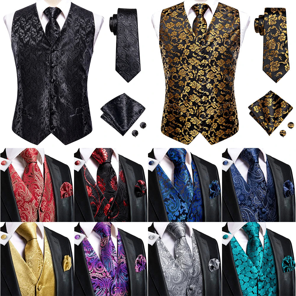 Hi-Tie Black Men Silk Vest Paisley Jacquard Necktie Hankerchief Cufflinks Sets Male Sleeveless V-Neck Waistcoat Business Formal Good Vibrations