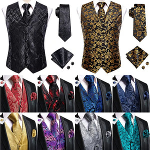 Hi-Tie Black Men Silk Vest Paisley Jacquard Necktie Hankerchief Cufflinks Sets Male Sleeveless V-Neck Waistcoat Business Formal Good Vibrations