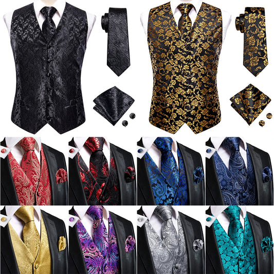 Hi-Tie Black Men Silk Vest Paisley Jacquard Necktie Hankerchief Cufflinks Sets Male Sleeveless V-Neck Waistcoat Business Formal Good Vibrations
