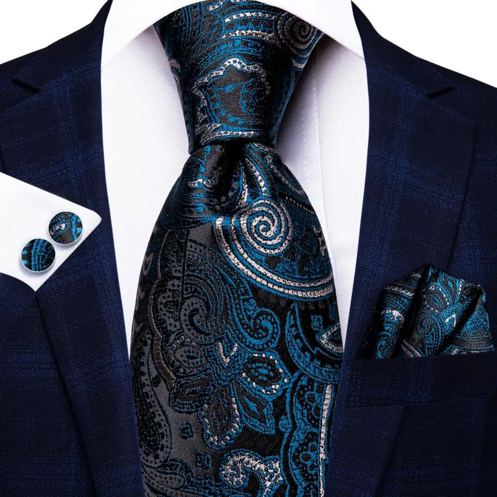 Hi-Tie Navy Blue Solid Paisley Silk Wedding Tie For Men Hanky Cufflink Mens Necktie Set Business Party New Design Dropshipping Good Vibrations