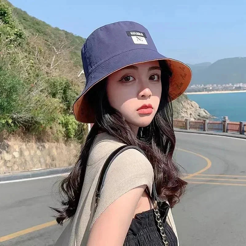 Double-sided Wear Women Bucket Hat Korean Fashion Letter Print Fisherman Hats For Girl Summer Outdoor Beach Basin Cap Good Vibrations