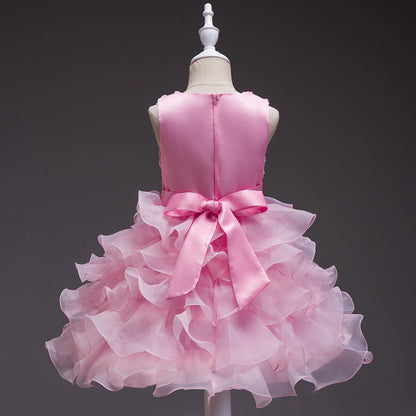 Girl's bow dress A dress with suspenders Rose flower girl wedding dress