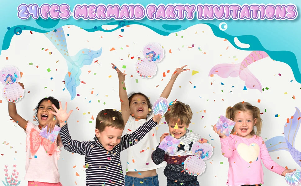 Mermaid Birthday Invitations Girls,3D Pearlescent Invitations Mermaid Party Supplies for Under the Sea Ocean Party Decorations Good Vibrations