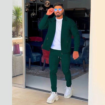Autumn Winter Men's Casual Blazer Set New Fashion Waffle Baseball Suit Round Neck Pocket Zipper Long Sleeve Trousers Two-Piece S Good Vibrations
