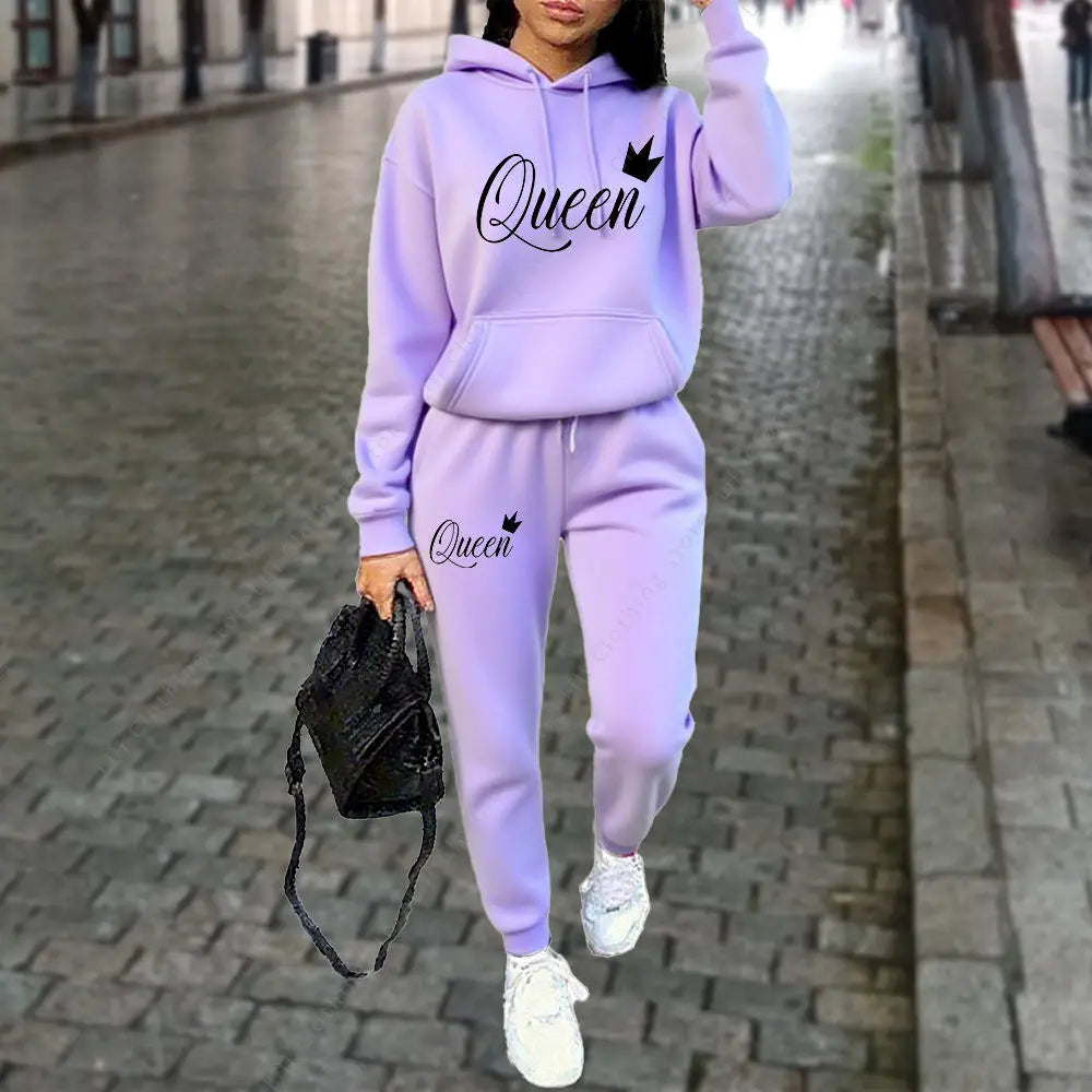 Queen Letter Graphic Print Women's Sets Hoodies Pants 2pcs Suit Autumn Winter Sports Jogging High quality Aesthetic Tracksuit Good Vibrations