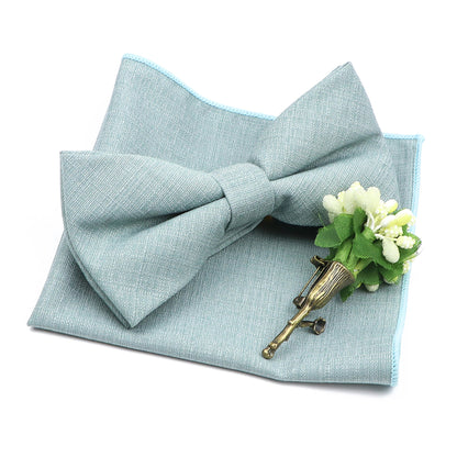 Mens Wedding Bowtie Brooch Set Romantic Solid Color Bamboo Fiber Bowknot Flower Lapel Pin Blue Pink Cravat Suit Shirt Accessory Good Vibrations