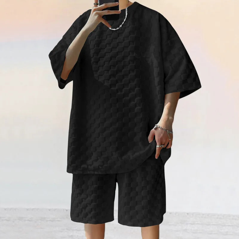 European and American Oversized Fashion Brand Men's Summer New Chessboard Plaid Loose Sports and Leisure Two-Piece Set Good Vibrations