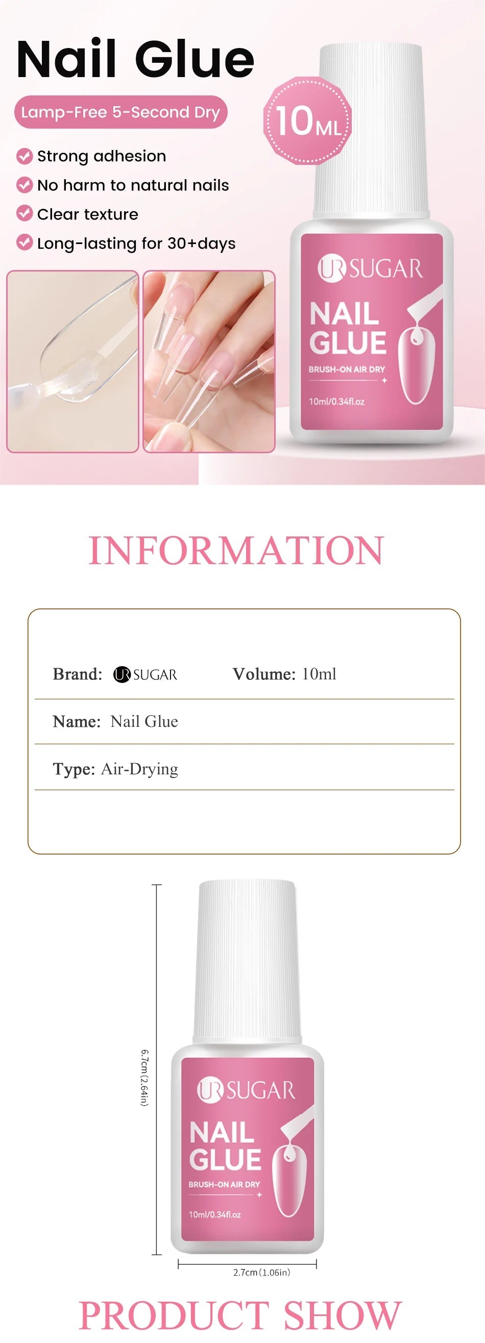 UR SUGAR 1/3/5PCS Quick Drying Nail Glue Super Strong Nail Rhinestones Glue for Acrylic Fake Tips Nail Gel Glue Manicure Tools Good Vibrations