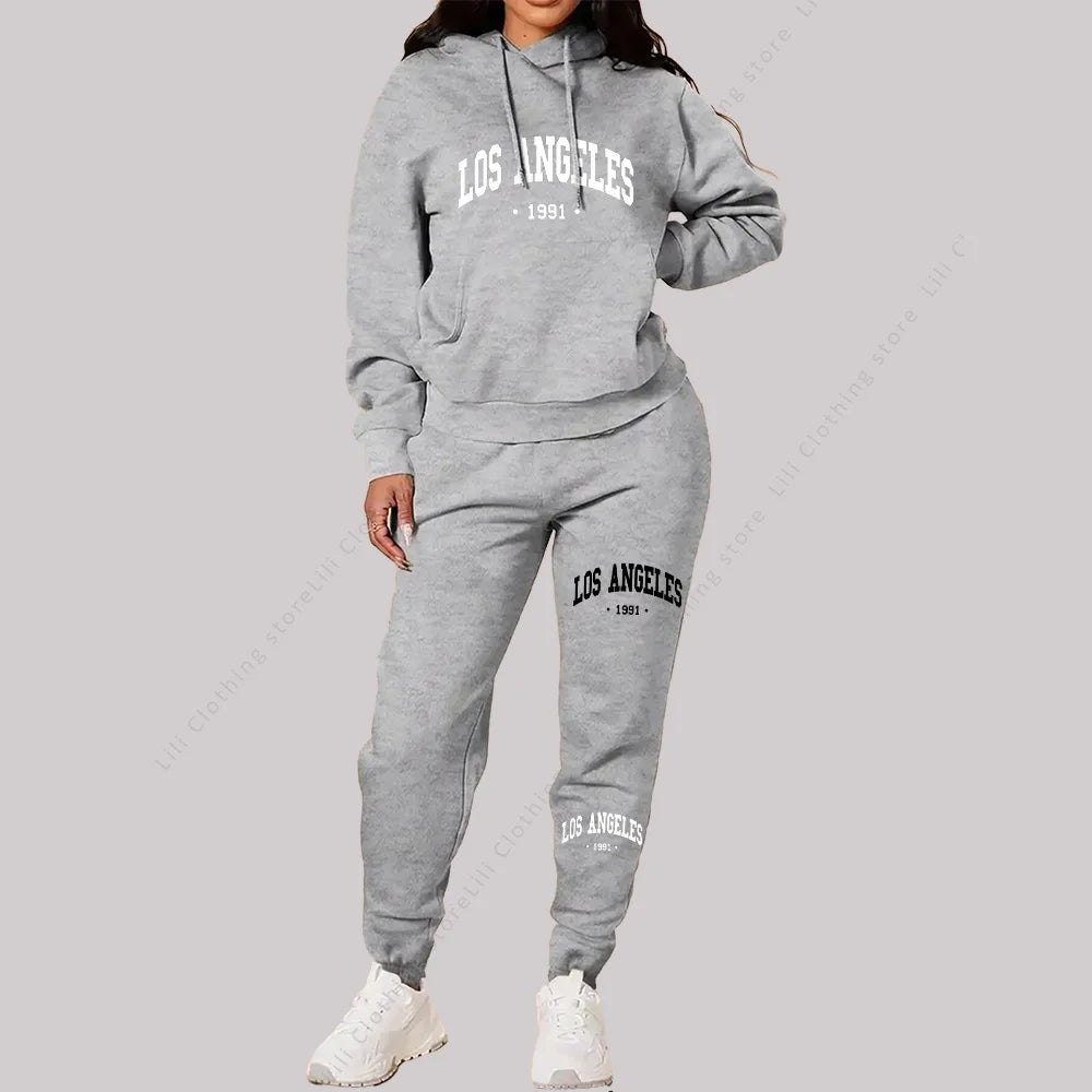 Women Sets Hoodies Pants 2 Piece Outfits Aesthetic Sportswear Sweatsuit Los Angeles Letter Print Suit Ladies Tracksuit Plus Size Good Vibrations