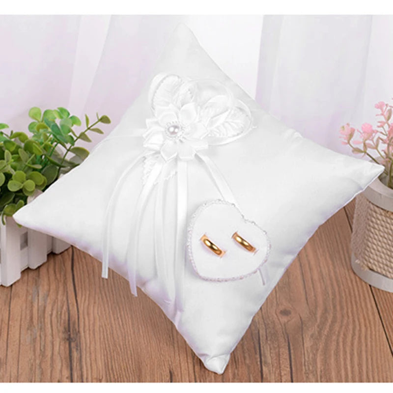 Wedding Ring Pillow Elegant Heart Bowknot Ring Bearer Pillow Portable Wedding Supplies