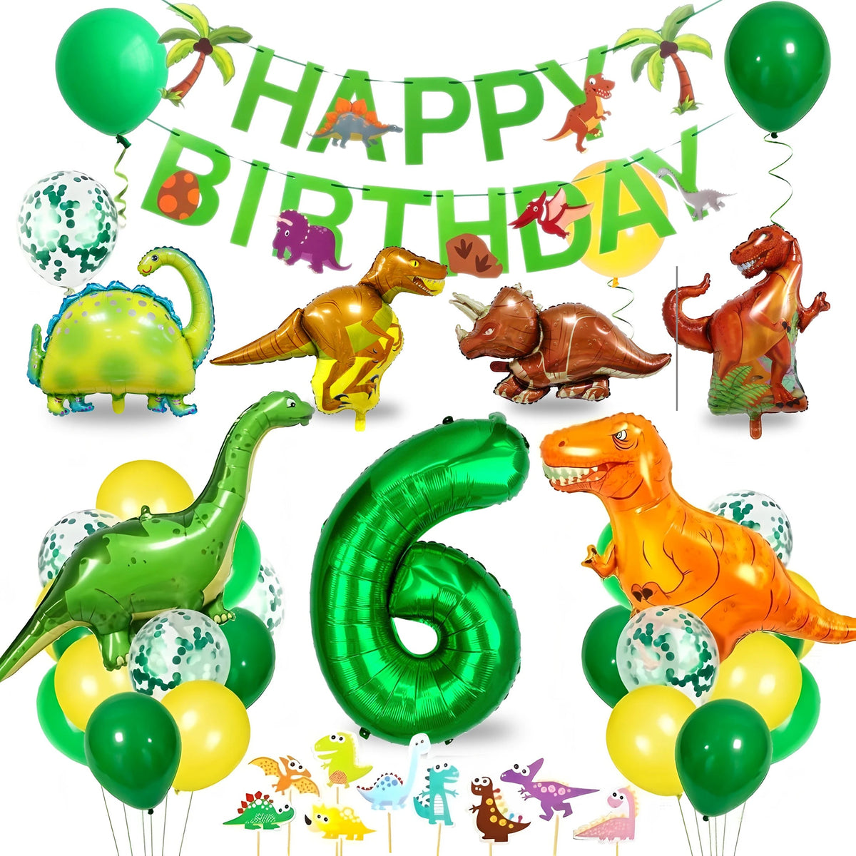 Dinosaur Birthday Party Supplies for Kids Age 2-6, Foil Balloons Set with Banner, Cake Topper, Decorations Kit (Boys & Girls) Good Vibrations