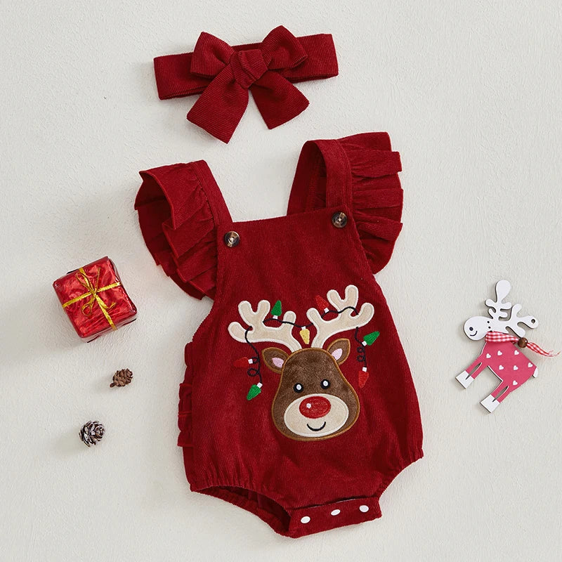 BeQeuewll Cute Elk Christmas Baby Girls Clothes Newborn Jumpsuit Winter Autumn Flying Sleeve Infant Rompers with Headband Set Good Vibrations