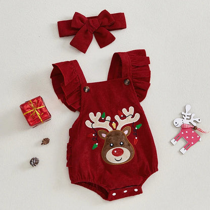 BeQeuewll Cute Elk Christmas Baby Girls Clothes Newborn Jumpsuit Winter Autumn Flying Sleeve Infant Rompers with Headband Set Good Vibrations