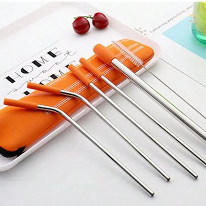 7pcs Eco-Friendly Stainless Steel Straw Set With Silicone Tips, Cleaning Brush & Storage Bag - Reusable Drinking Accessories Good Vibrations
