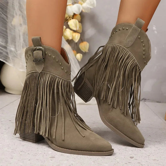 Short-thigh Boots Autumn New Pointed Toe Sleeve Metal Buckle Non-slip Wear-resistant Block Heel Shoes Good Vibrations