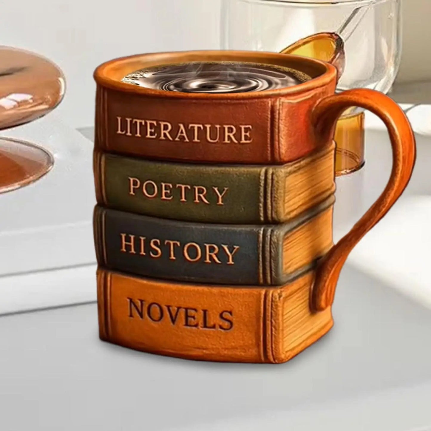 Funny Hot Tea Mug 3D Painted Book Design Resin Wine Cups Comfortable Grip Kitchen Mugs with Ergonomic Handle For Whiskey Good Vibrations