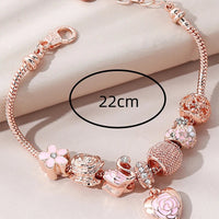 Chic Heart Flower Bead Charming Bracelet With Shiny Rhinestonw Pink Enamel Floral Swan Charms Casual Outings Jewelry Good Vibrations