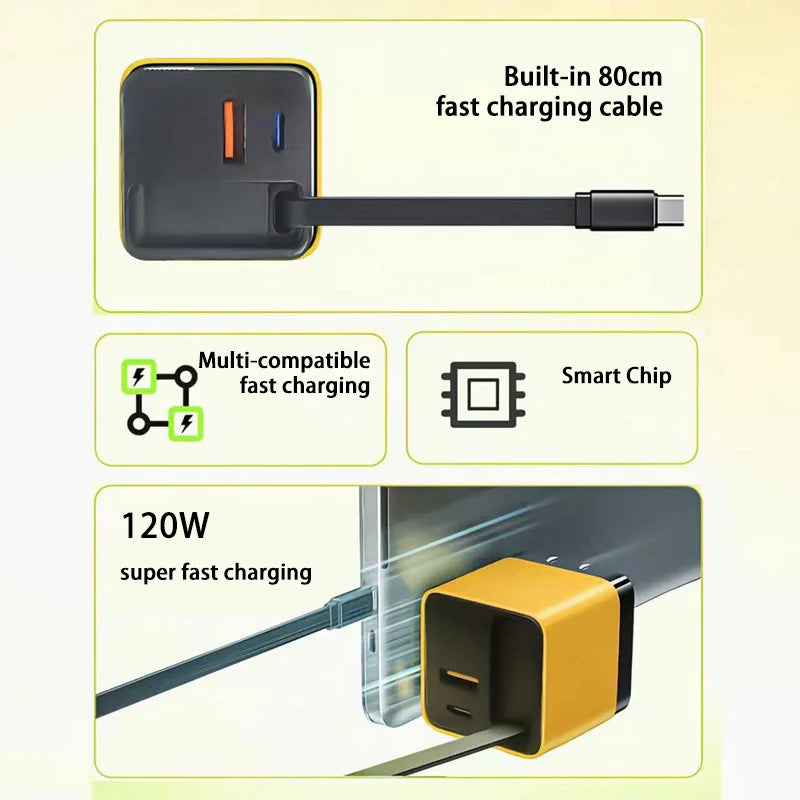 120W Charger Equipped With Telescopic Gallium Nitride Fast Charging Data Cable Phone Charger Adapter For Android IPhone Charger Good Vibrations