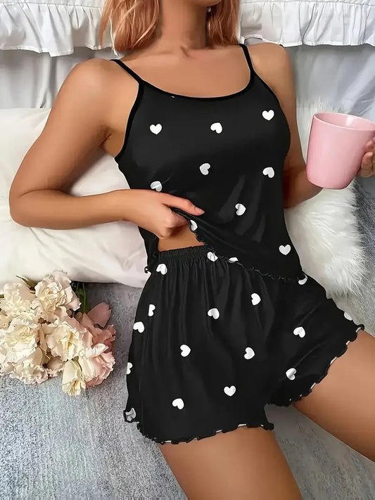 5 Size Choose S M L XL 2XLWomen's Two-Piece Suspender Heart Printed Top and Shorts Women's Casual Printed Pajama Set Good Vibrations