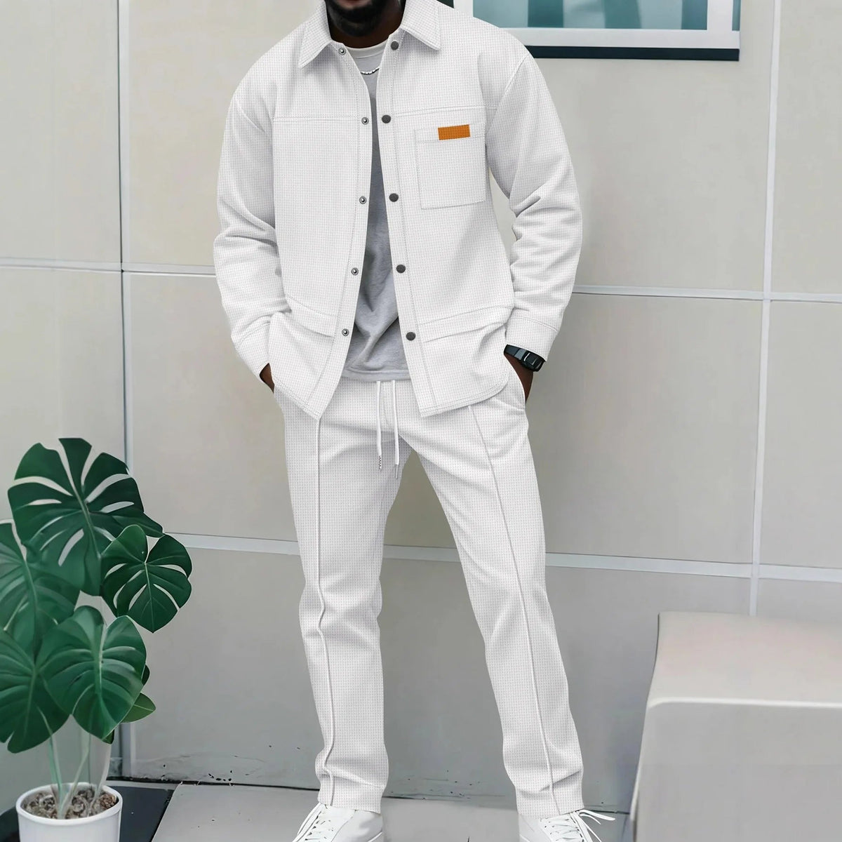 Spring and Autumn Men's High-Quality Waffle Pure Color Placket Pocket Jacket Set - A Stylish and Casual Two-Piece Outfit Good Vibrations