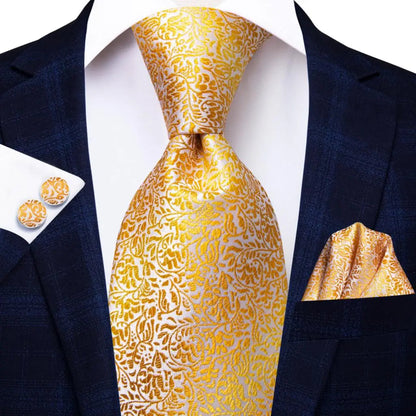 Hi-Tie Champagne Gold Striped Paisley Solid Men Silk Wedding Tie Fashion Design Necktie For Men Hanky Cufflink Business Party Good Vibrations